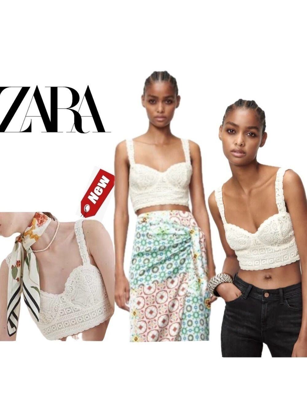 Zara Ecru cream crochet lace boho knit crop top Sz L NWT